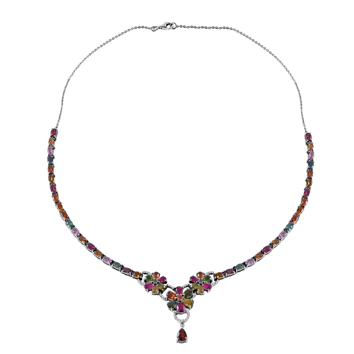 Multi-Tourmaline and White Zircon Floral Necklace 18 Inches in Platinum Over Sterling Silver 16.25 ctw image number 0