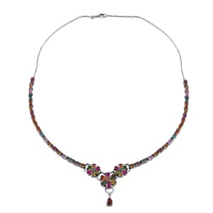 Multi-Tourmaline and White Zircon Floral Necklace 18 Inches in Platinum Over Sterling Silver 16.25 ctw