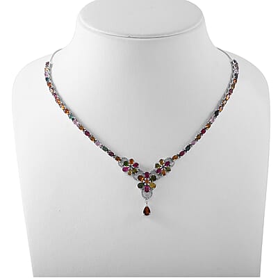 Multi-Tourmaline and White Zircon Floral Necklace 18 Inches in Platinum Over Sterling Silver 16.25 ctw