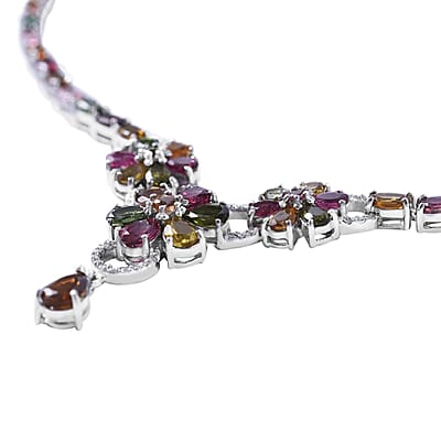 Multi-Tourmaline and White Zircon Floral Necklace 18 Inches in Platinum Over Sterling Silver 16.25 ctw