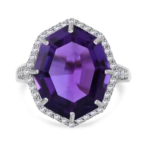 Fancy Cut African Amethyst and White Zircon Halo Ring in Platinum Over Sterling Silver (Size 10.0) 10.90 ctw