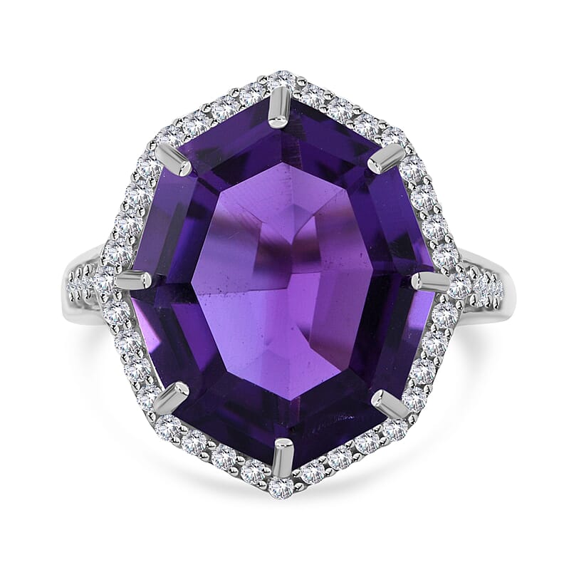 Fancy Cut African Amethyst and White Zircon Halo Ring in Platinum Over Sterling Silver (Size 10.0) 10.90 ctw