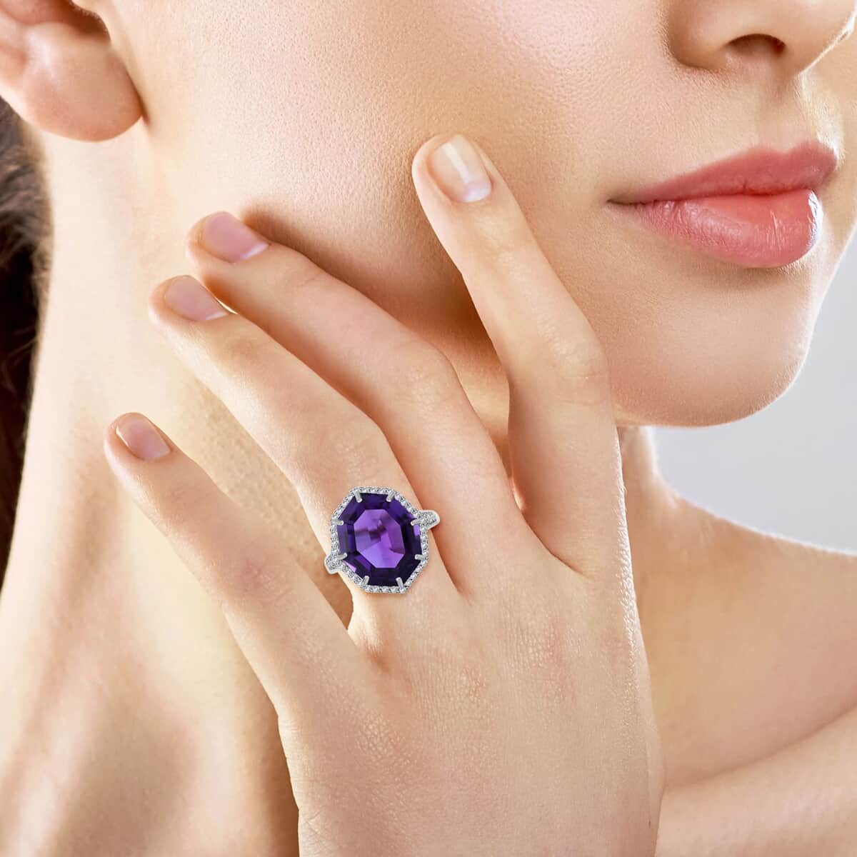 African Amethyst and White Zircon Halo Ring in Platinum Over Sterling Silver (Size 10.0) 10.90 ctw image number 1