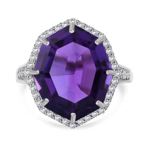 Fancy Cut African Amethyst and White Zircon Halo Ring in Platinum Over Sterling Silver (Size 6.0) 10.90 ctw