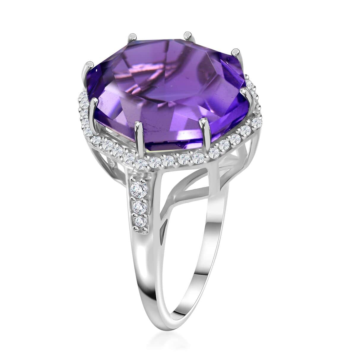 Fancy Cut African Amethyst and White Zircon Halo Ring in Platinum Over Sterling Silver (Size 6.0) 10.90 ctw image number 2