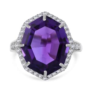 Fancy Cut African Amethyst and White Zircon Halo Ring in Platinum Over Sterling Silver (Size 7.0) 10.90 ctw