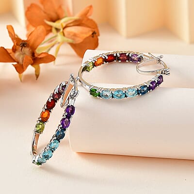 Multi Gemstone Inside Out Hoop Earrings in Platinum Over Sterling Silver 5.00 ctw