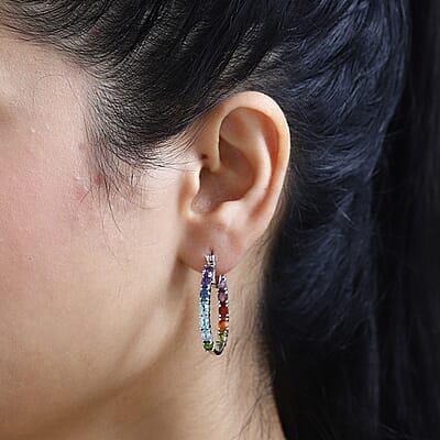 Multi Gemstone Inside Out Hoop Earrings in Platinum Over Sterling Silver 5.00 ctw
