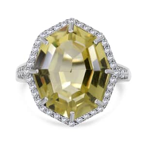 Fancy Cut Brazilian Green Gold Quartz and White Zircon Halo Ring in Platinum Over Sterling Silver (Size 10.0) 10.50 ctw