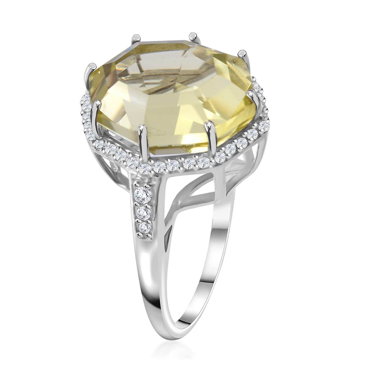 Fancy Cut Brazilian Green Gold Quartz and White Zircon Halo Ring in Platinum Over Sterling Silver (Size 6.0) 10.50 ctw image number 2