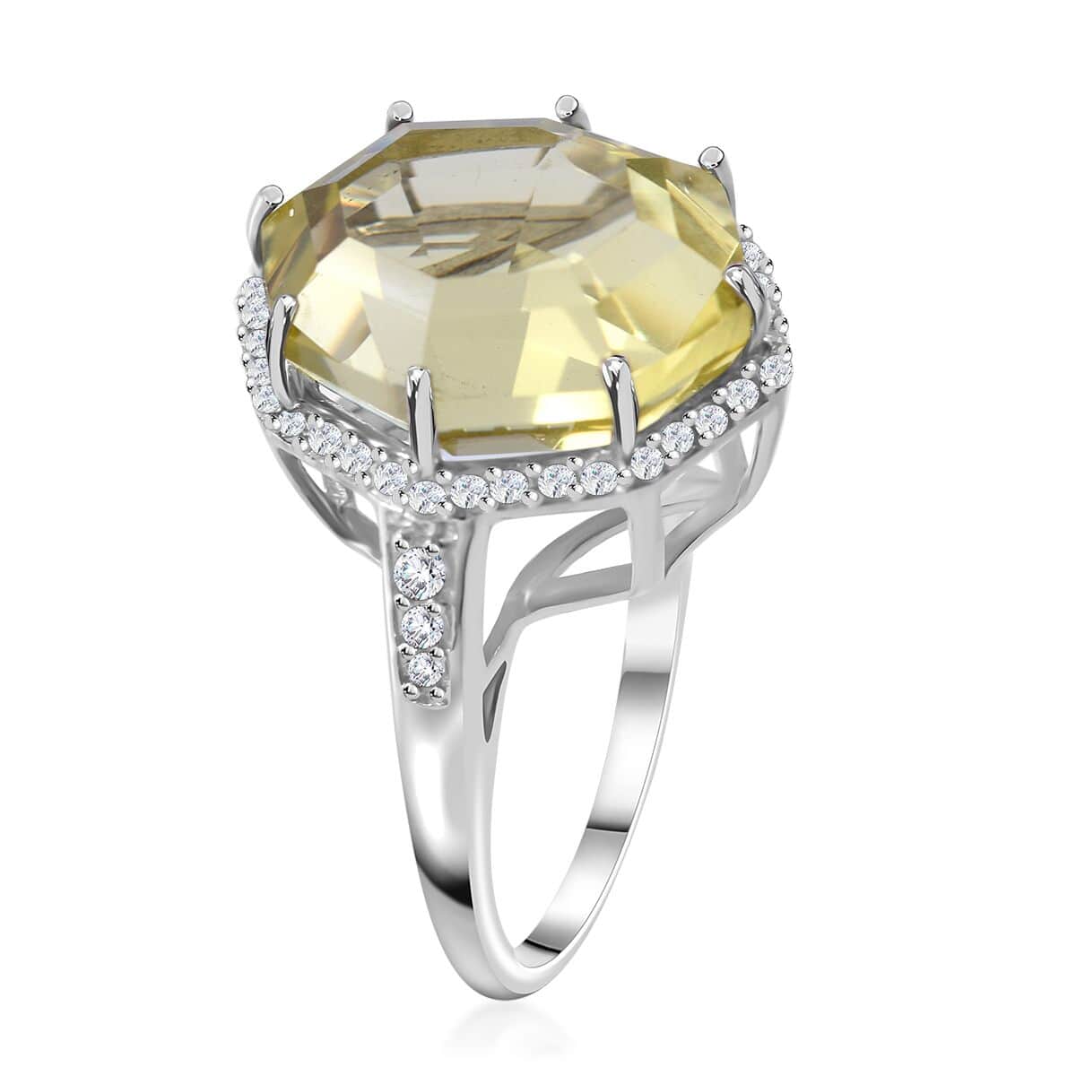 Fancy Cut Brazilian Green Gold Quartz and White Zircon Halo Ring in Platinum Over Sterling Silver (Size 7.0) 10.50 ctw image number 2