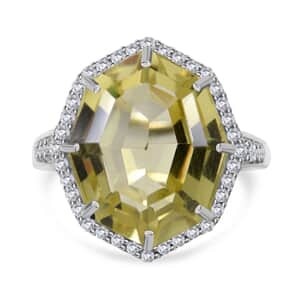 Fancy Cut Brazilian Green Gold Quartz and White Zircon Halo Ring in Platinum Over Sterling Silver (Size 8.0) 10.50 ctw