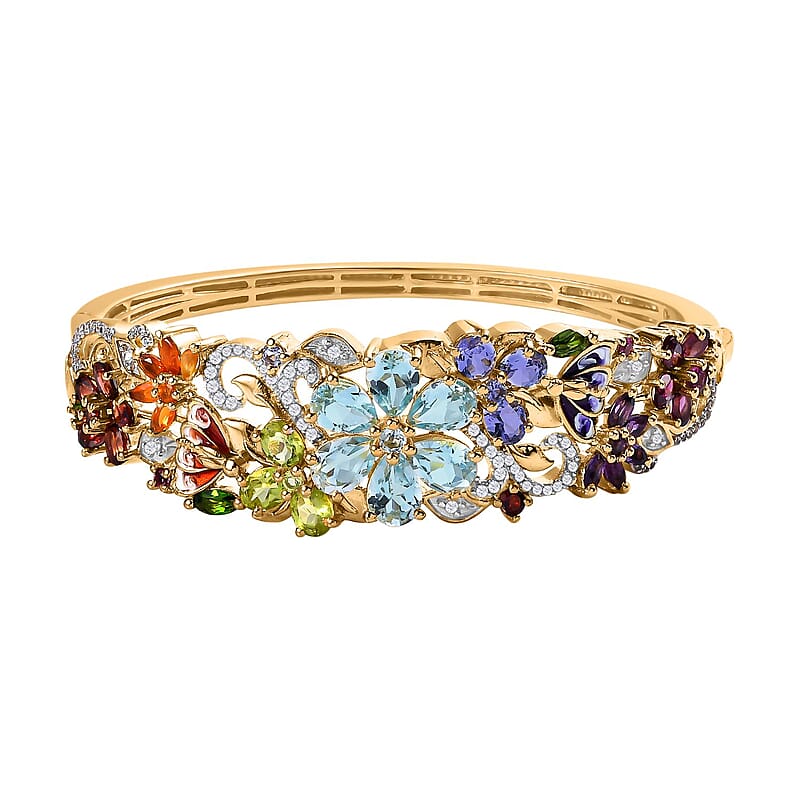 D'Joy Multi Gemstone Floral Bangle Bracelet in Vermeil Yellow Gold Over Sterling Silver (6.50 In) 11.65 ctw