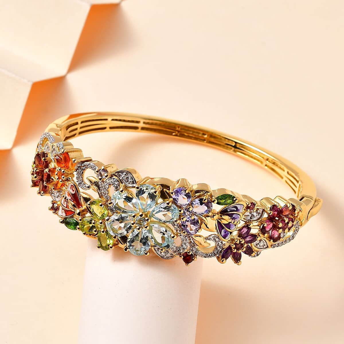 Multi Gemstone Floral Bangle Bracelet in Vermeil Yellow Gold Over Sterling Silver (6.50 In) 11.65 ctw image number 1