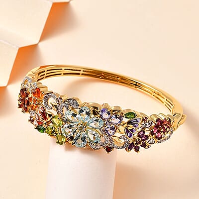 D'Joy Multi Gemstone Floral Bangle Bracelet in Vermeil Yellow Gold Over Sterling Silver (6.50 In) 11.65 ctw