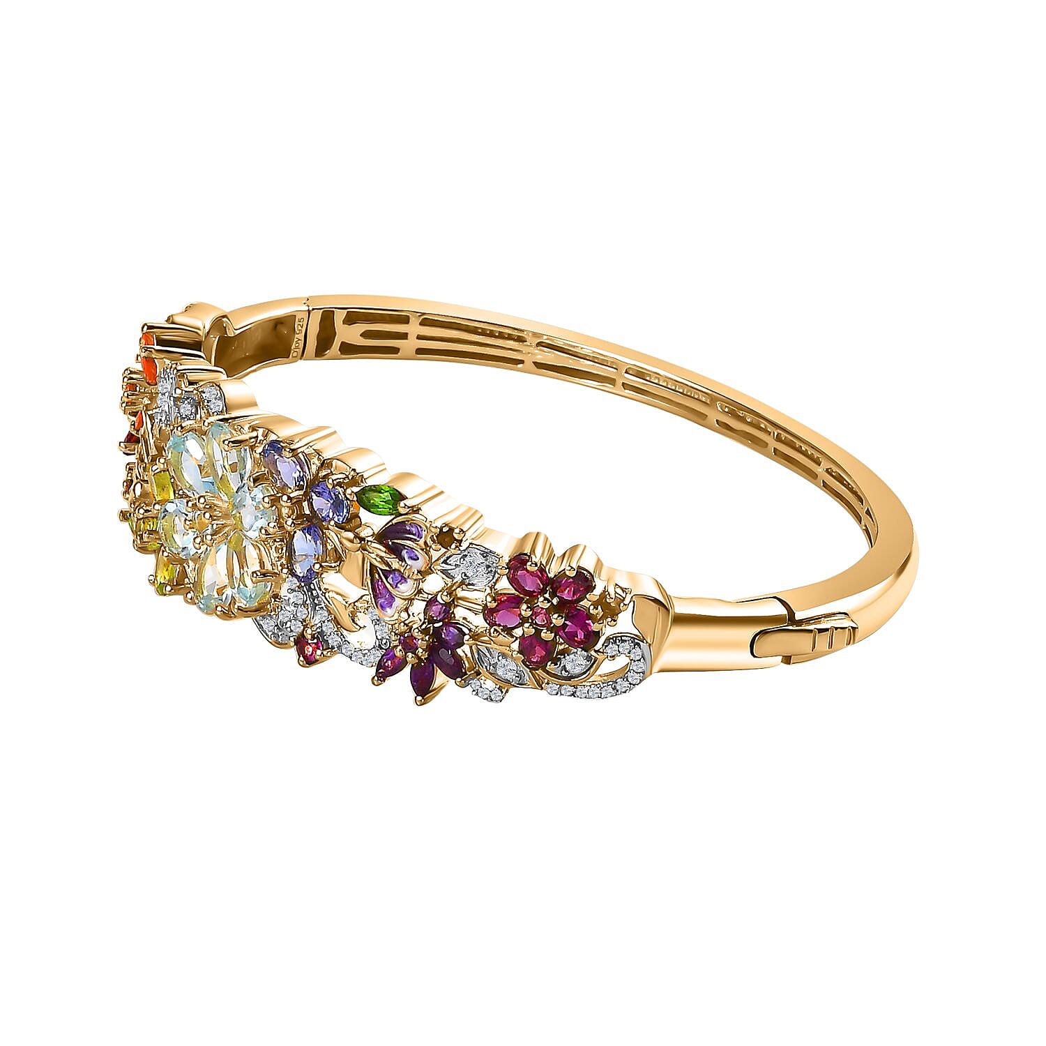D'Joy Multi Gemstone Floral Bangle Bracelet in Vermeil Yellow Gold Over Sterling Silver (6.50 In) 11.65 ctw