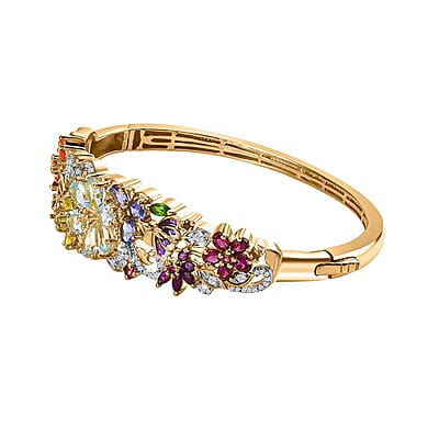 D'Joy Multi Gemstone Floral Bangle Bracelet in Vermeil Yellow Gold Over Sterling Silver (6.50 In) 11.65 ctw