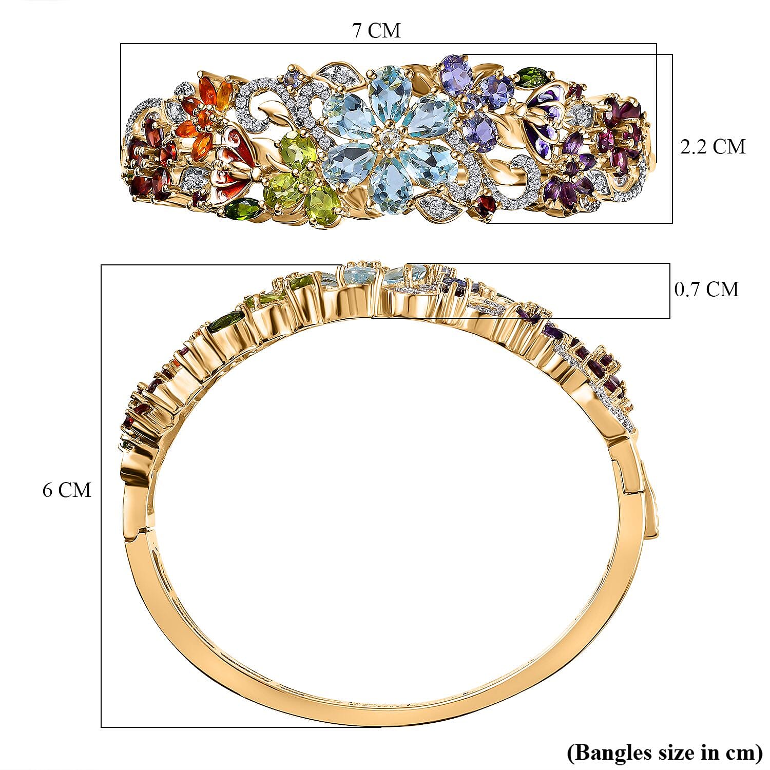 D'Joy Multi Gemstone Floral Bangle Bracelet in Vermeil Yellow Gold Over Sterling Silver (6.50 In) 11.65 ctw