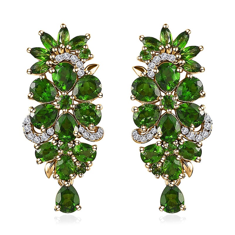 Chrome Diopside and White Zircon Floral Earrings in Vermeil Yellow Gold Over Sterling Silver 7.25 ctw