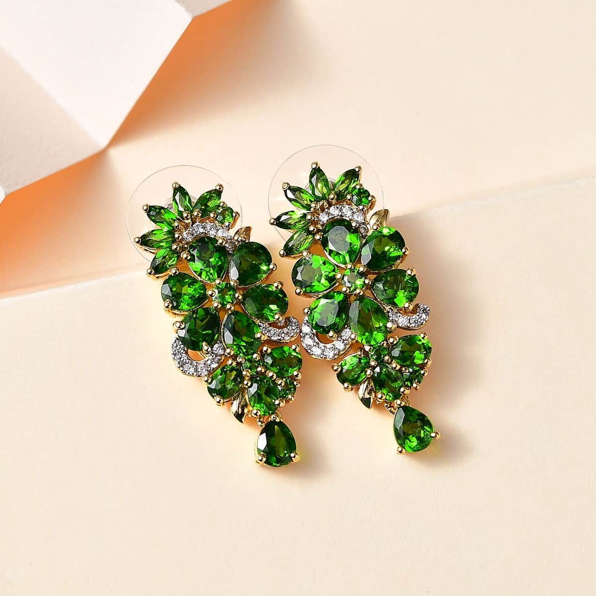 Chrome Diopside and White Zircon Floral Earrings in Vermeil Yellow Gold Over Sterling Silver 7.25 ctw image number 1