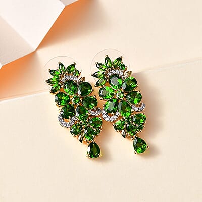 Chrome Diopside and White Zircon Floral Earrings in Vermeil Yellow Gold Over Sterling Silver 7.25 ctw