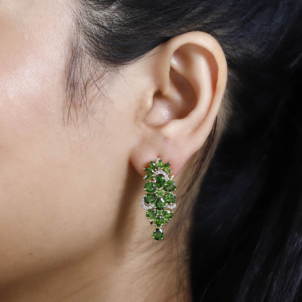 Chrome Diopside and White Zircon Floral Earrings in Vermeil Yellow Gold Over Sterling Silver 7.25 ctw image number 2