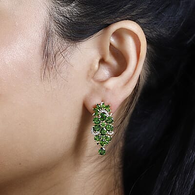 Chrome Diopside and White Zircon Floral Earrings in Vermeil Yellow Gold Over Sterling Silver 7.25 ctw