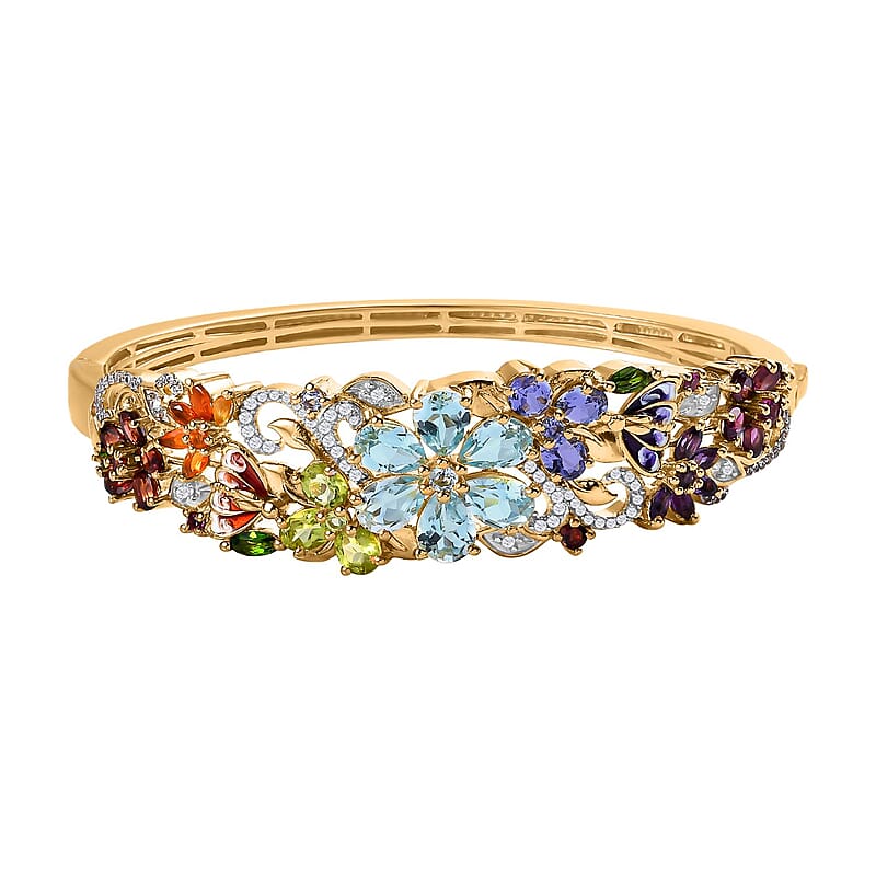 Multi Gemstone Floral Bangle Bracelet in Vermeil Yellow Gold Over Sterling Silver (7.25 In) 11.65 ctw