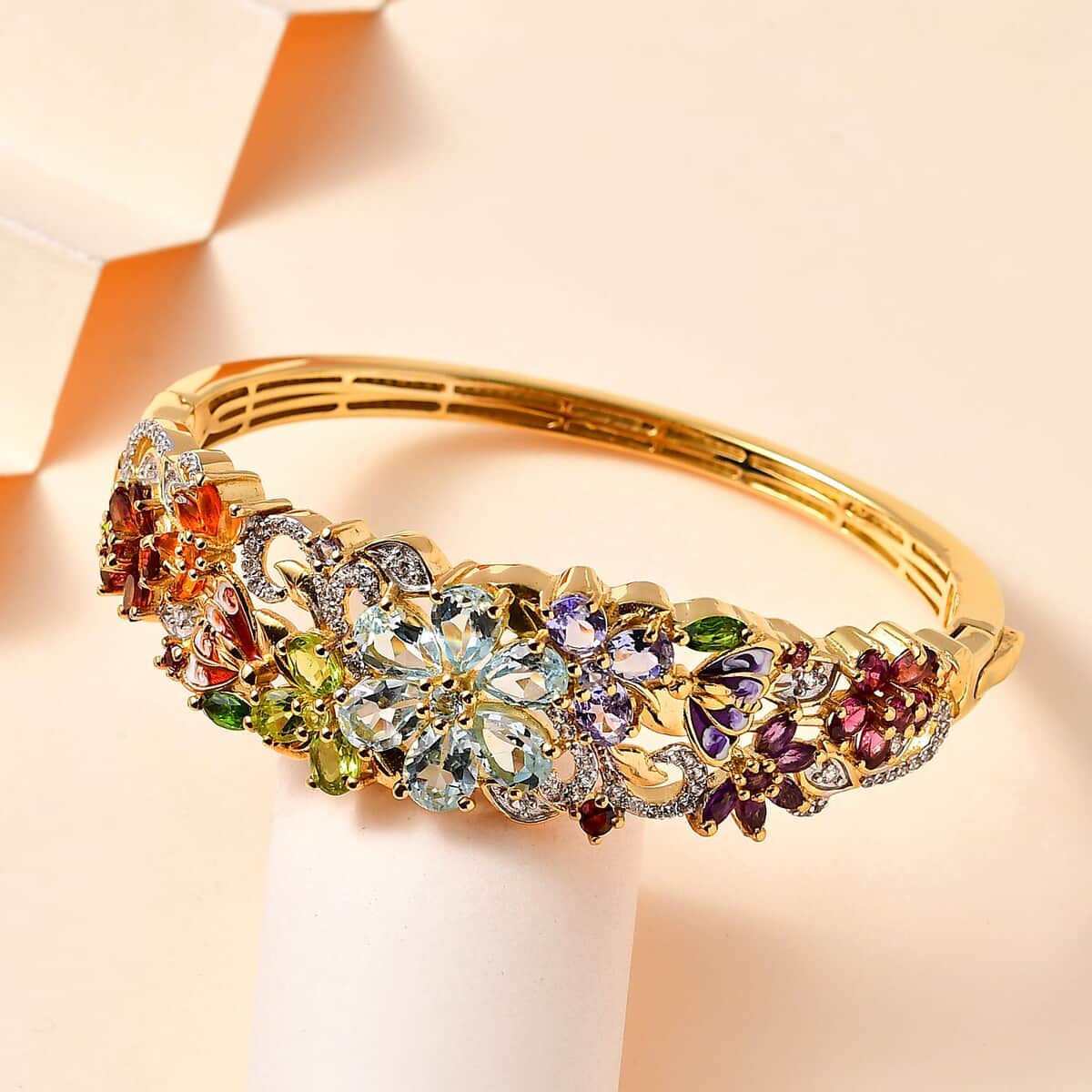 Multi Gemstone Floral Bangle Bracelet in Vermeil Yellow Gold Over Sterling Silver (7.25 In) 11.65 ctw image number 1