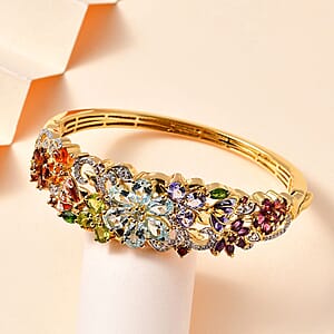 Multi Gemstone Floral Bangle Bracelet in Vermeil Yellow Gold Over Sterling Silver (7.25 In) 11.65 ctw
