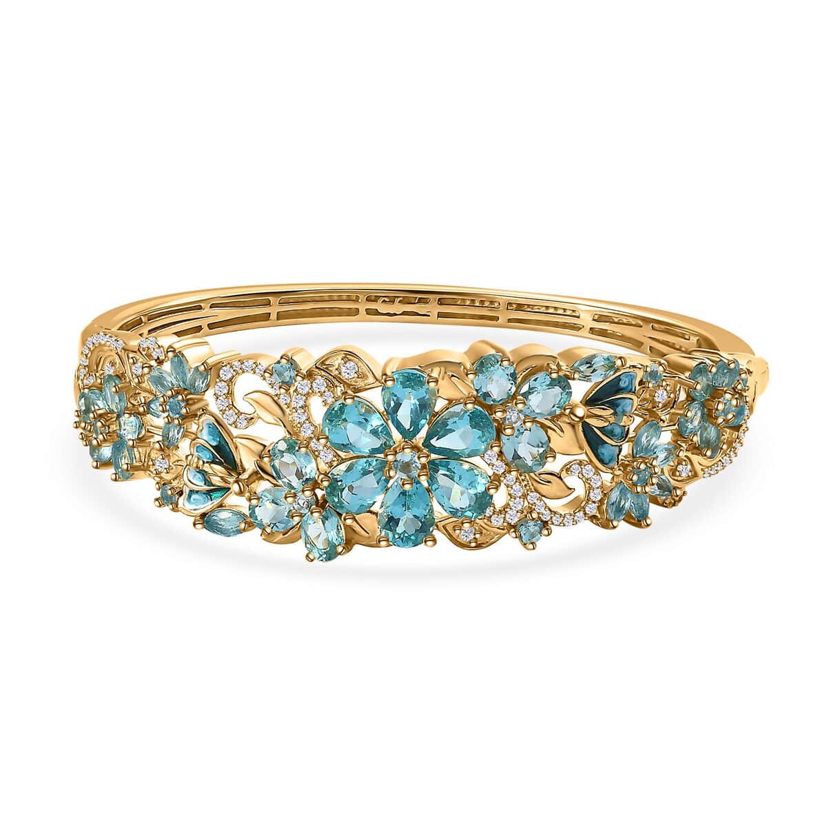 Betroka Blue Apatite and White Zircon Floral Bangle Bracelet in Vermeil Yellow Gold Over Sterling Silver (6.50 In) 11.10 ctw image number 0