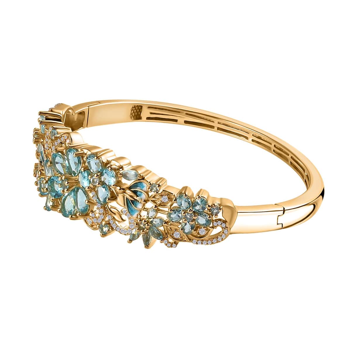 Betroka Blue Apatite and White Zircon Floral Bangle Bracelet in Vermeil Yellow Gold Over Sterling Silver (6.50 In) 11.10 ctw image number 3