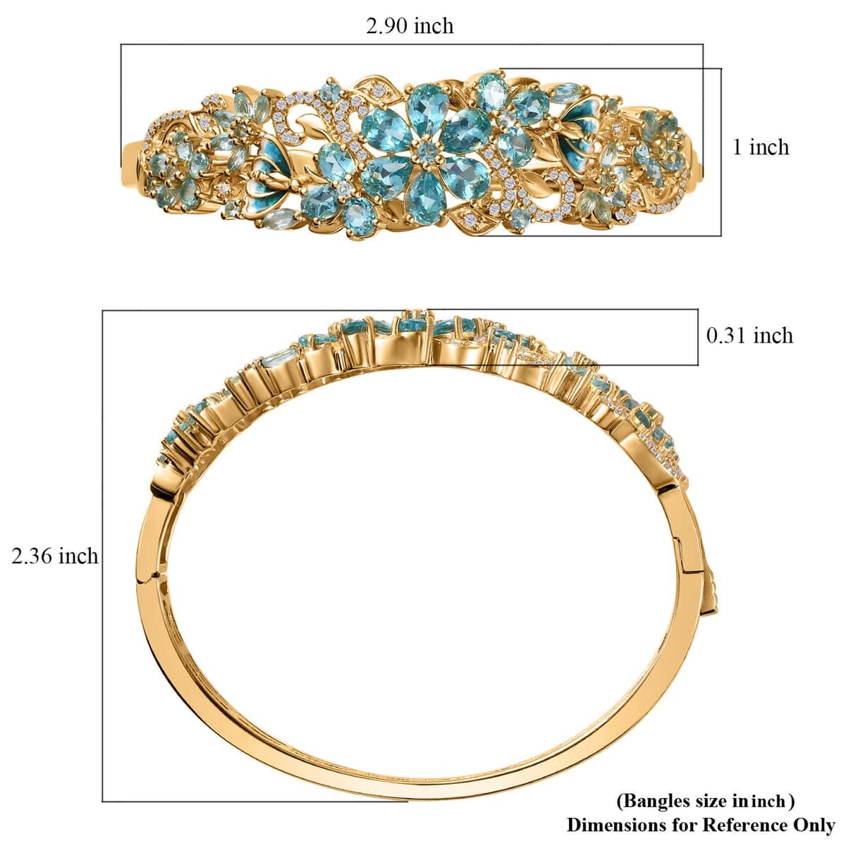 Betroka Blue Apatite and White Zircon Floral Bangle Bracelet in Vermeil Yellow Gold Over Sterling Silver (6.50 In) 11.10 ctw image number 5