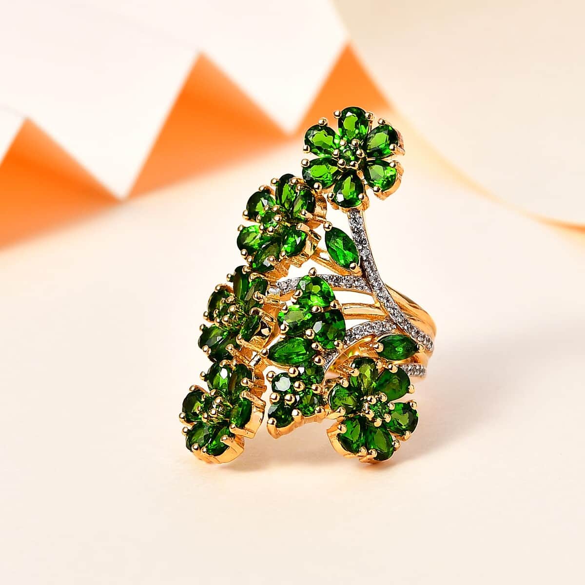 Chrome Diopside and White Zircon Floral Ring in Vermeil Yellow Gold Over Sterling Silver (Size 6.0) 7.00 ctw image number 1