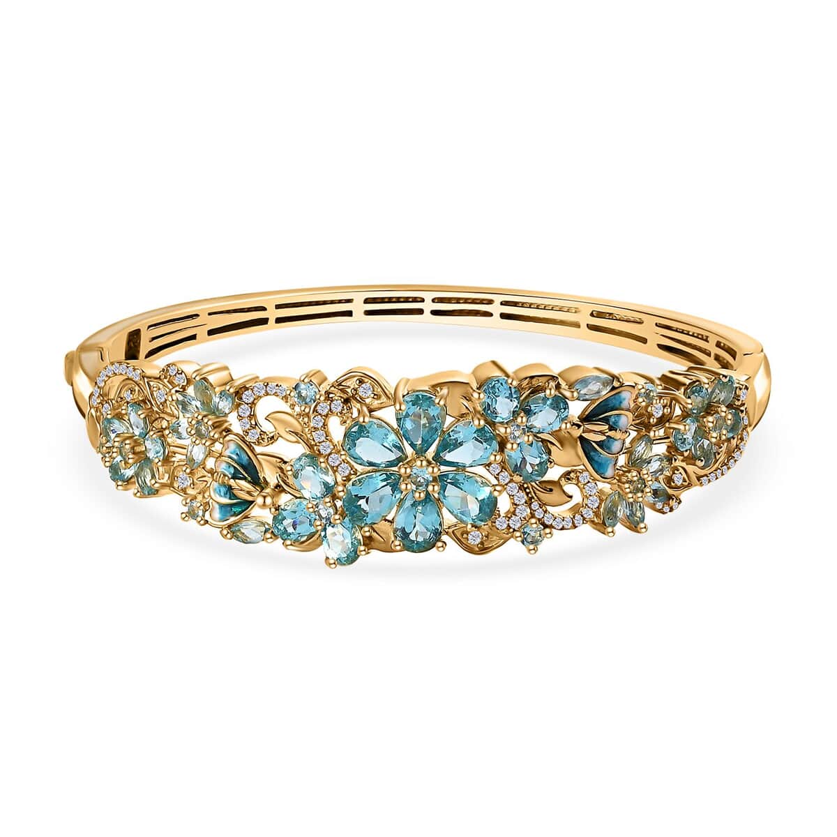 Betroka Blue Apatite and White Zircon Floral Bangle Bracelet in Vermeil Yellow Gold Over Sterling Silver (7.25 In) 11.10 ctw image number 0