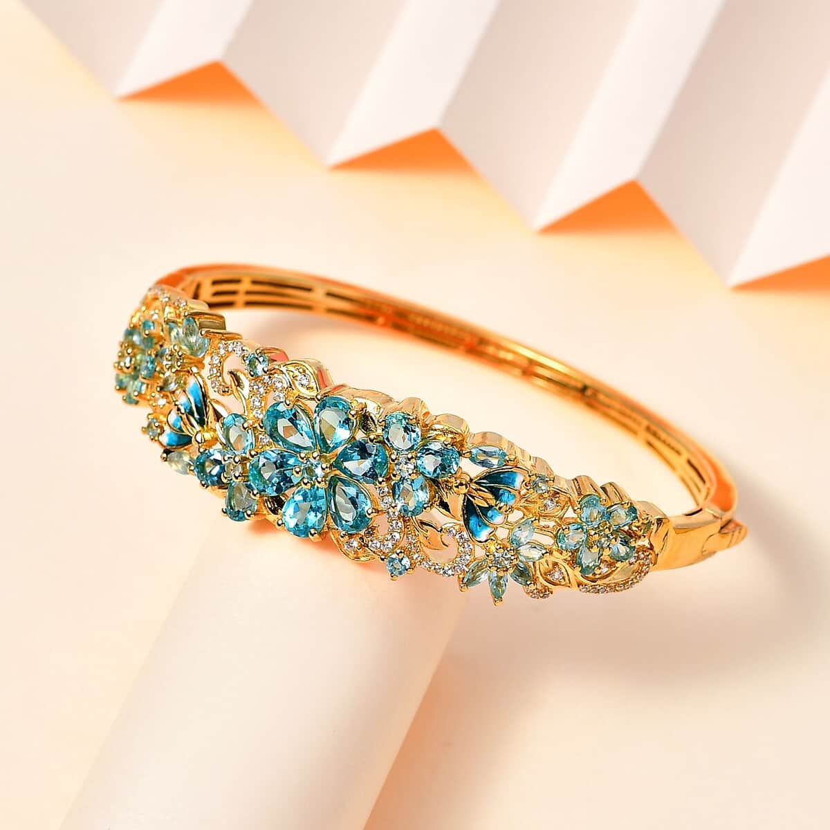 Betroka Blue Apatite and White Zircon Floral Bangle Bracelet in Vermeil Yellow Gold Over Sterling Silver (7.25 In) 11.10 ctw image number 1