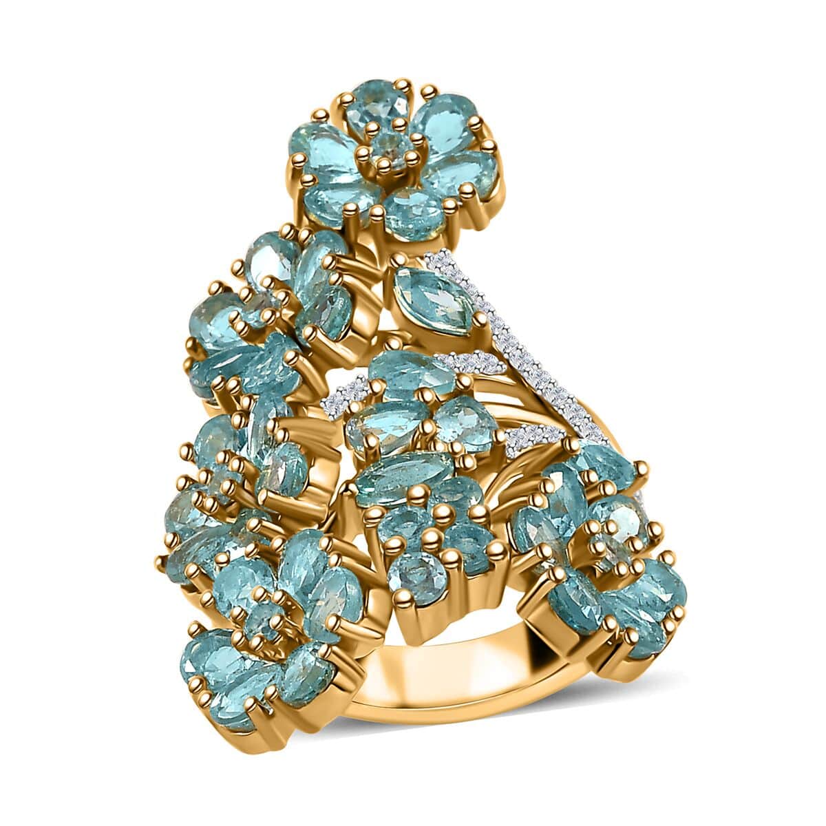 Betroka Blue Apatite and White Zircon Floral Ring in Vermeil Yellow Gold Over Sterling Silver (Size 6.0) 6.65 ctw image number 0