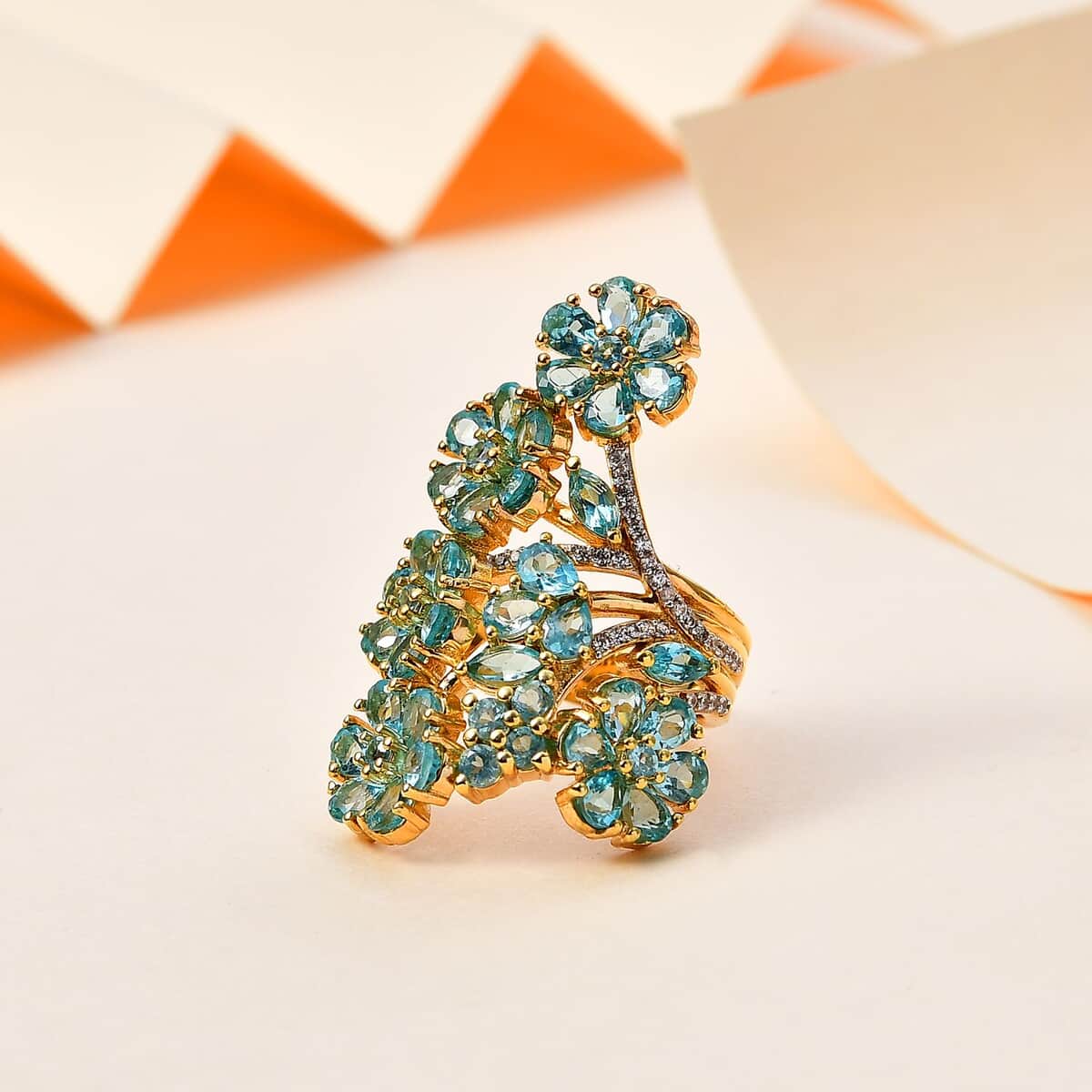 Betroka Blue Apatite and White Zircon Floral Ring in Vermeil Yellow Gold Over Sterling Silver (Size 6.0) 6.65 ctw image number 1