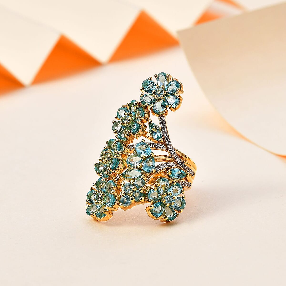 Madagascar Paraiba Apatite and White Zircon Floral Ring in Vermeil Yellow Gold Over Sterling Silver (Size 8.0) 6.65 ctw image number 1