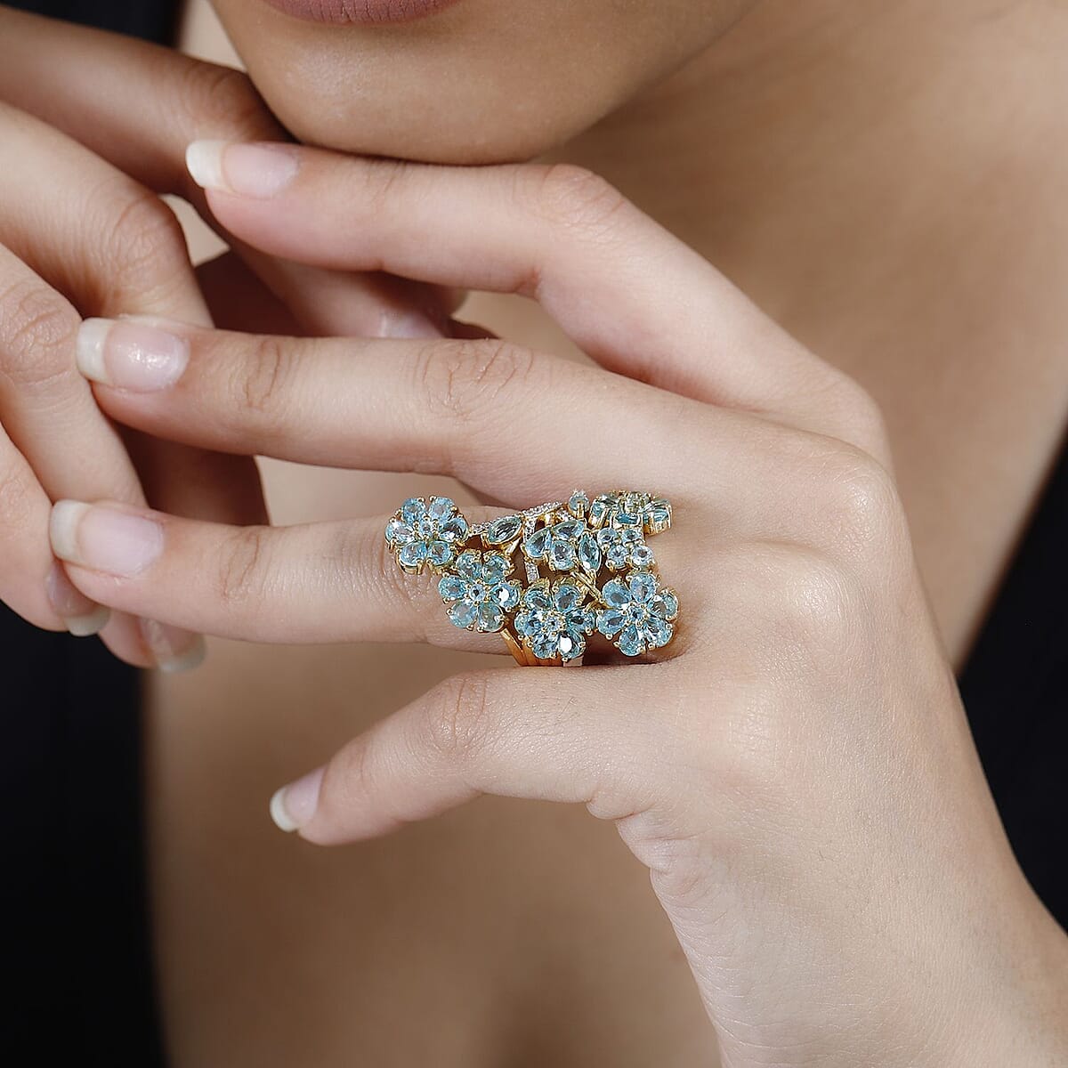 Madagascar Paraiba Apatite and White Zircon Floral Ring in Vermeil Yellow Gold Over Sterling Silver (Size 8.0) 6.65 ctw image number 2