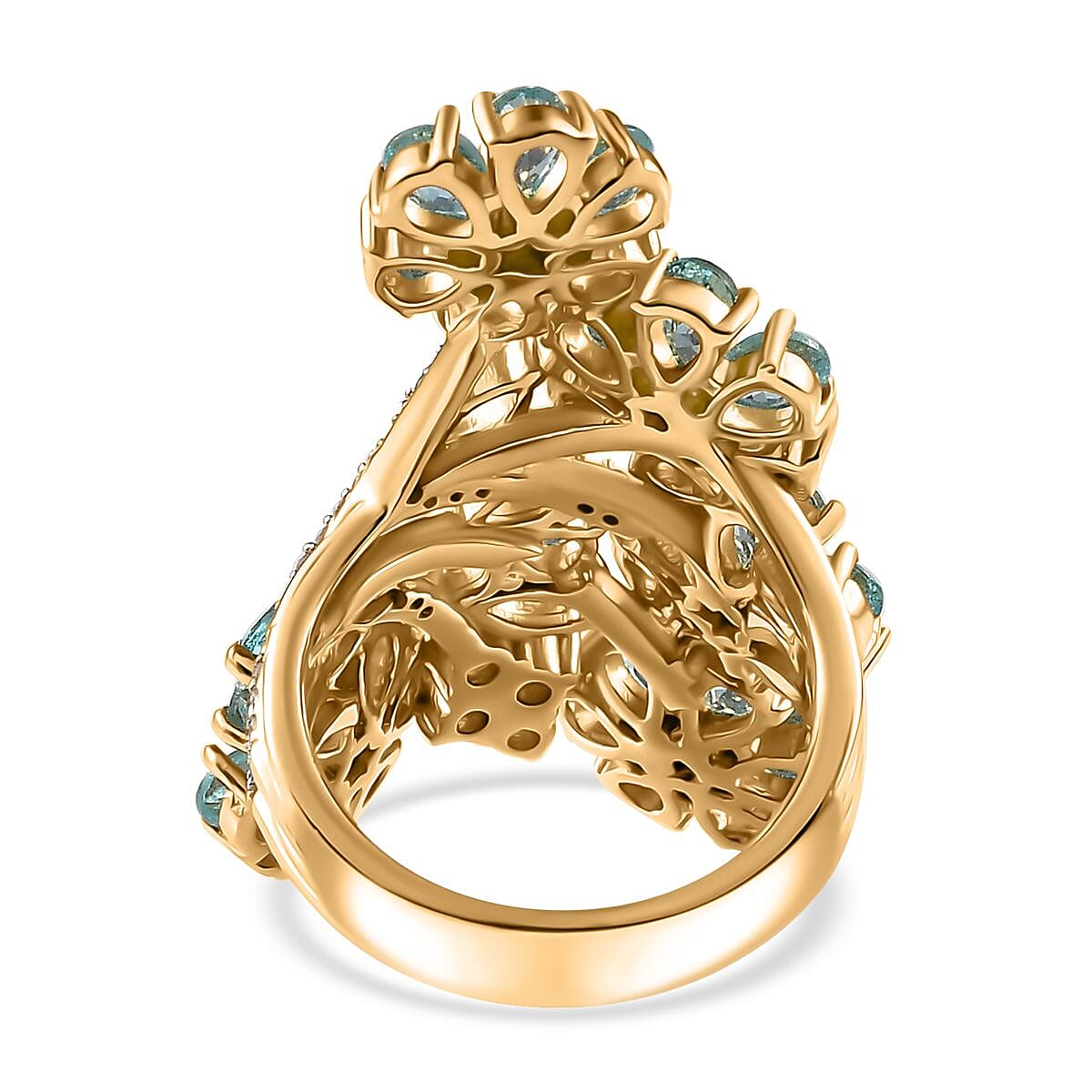Madagascar Paraiba Apatite and White Zircon Floral Ring in Vermeil Yellow Gold Over Sterling Silver (Size 8.0) 6.65 ctw image number 4