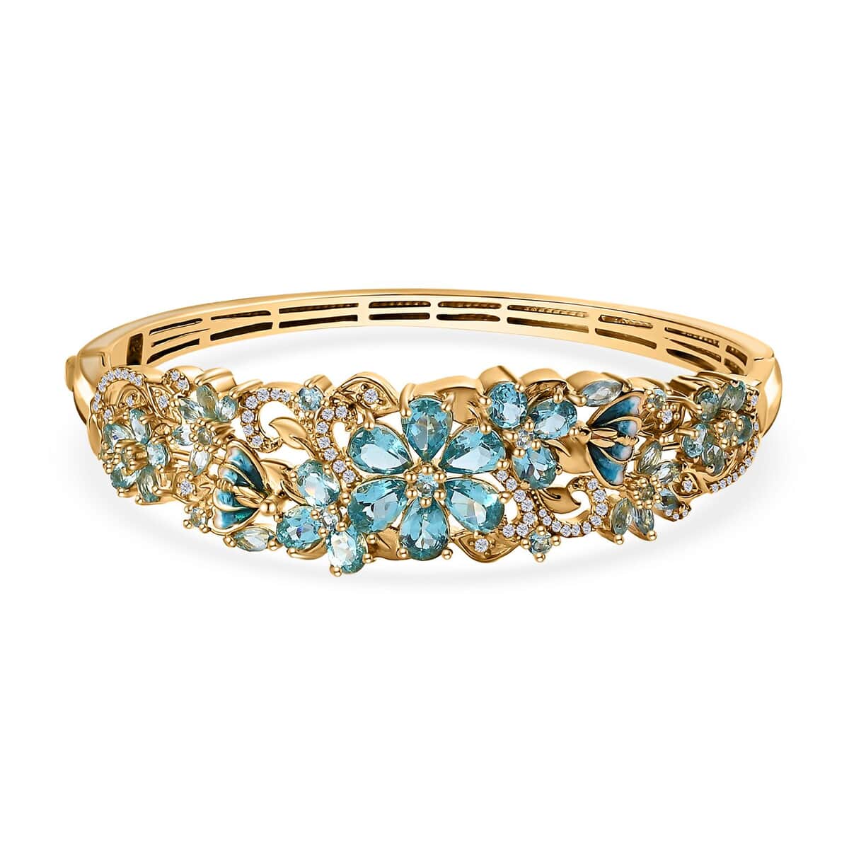 Betroka Blue Apatite and White Zircon Floral Bangle Bracelet in Vermeil Yellow Gold Over Sterling Silver (8.00 In) 11.10 ctw image number 0