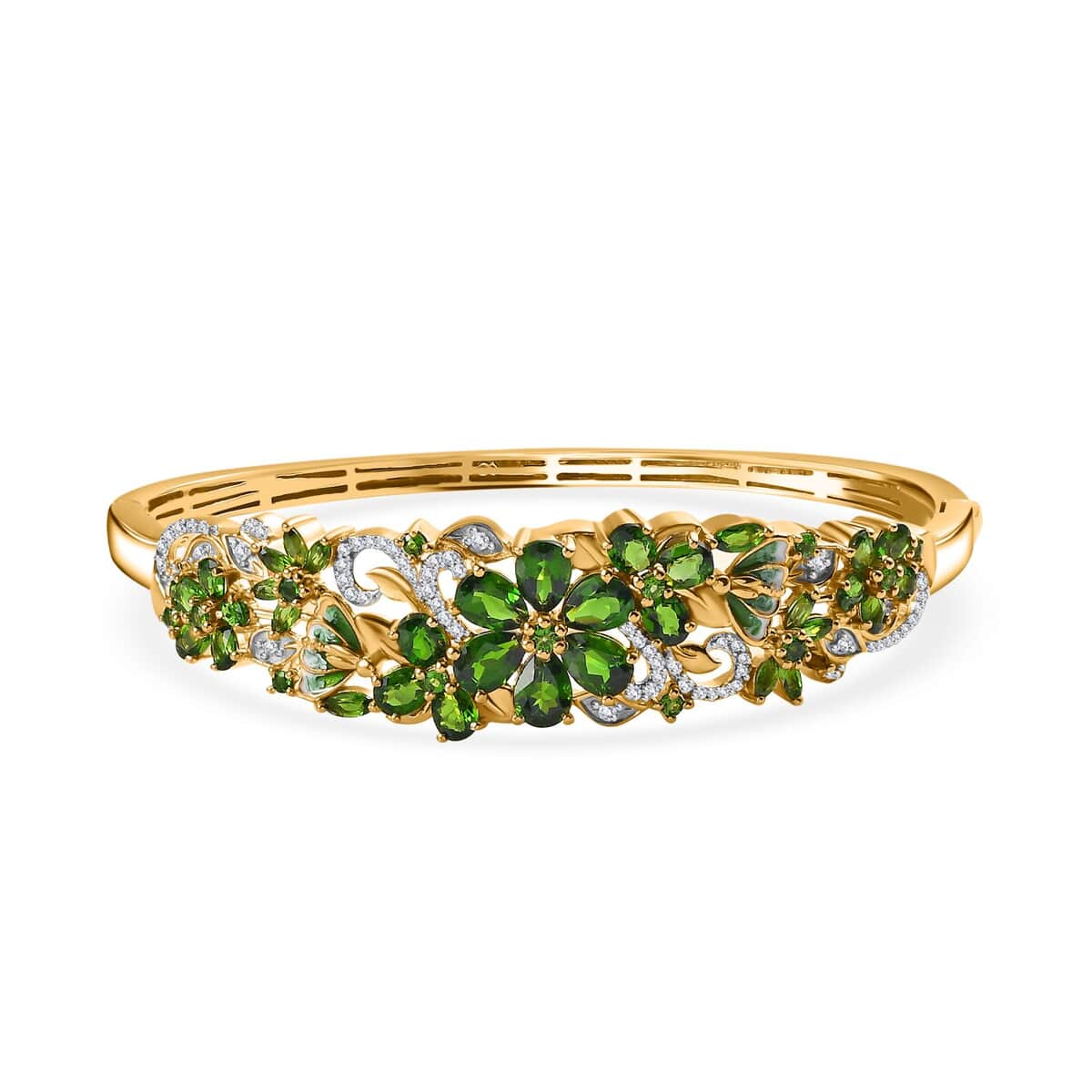 Chrome Diopside and White Zircon Floral Bangle Bracelet in Vermeil Yellow Gold Over Sterling Silver (8.00 In) 11.75 ctw image number 0