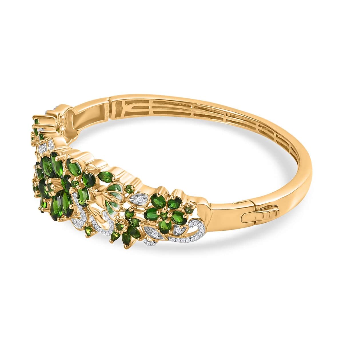 Chrome Diopside and White Zircon Floral Bangle Bracelet in Vermeil Yellow Gold Over Sterling Silver (8.00 In) 11.75 ctw image number 3