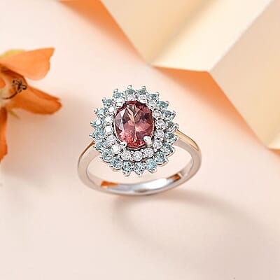 Blush Apatite and Multi Gemstone Floral Ring in Platinum Over Sterling Silver (Size 10.0) 2.10 ctw