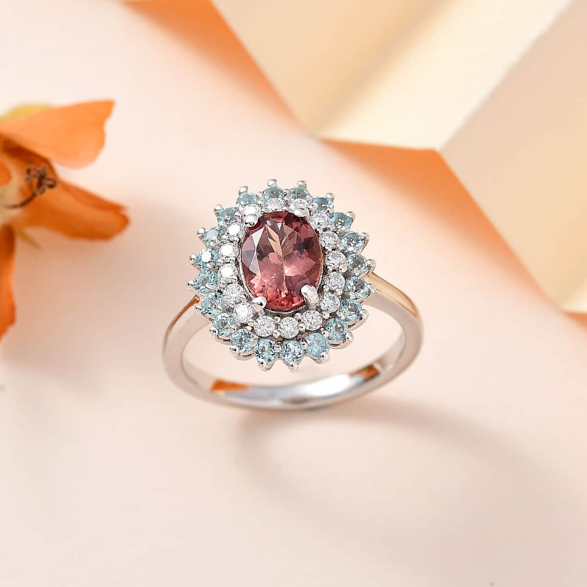 Blush Apatite and Multi Gemstone Floral Ring in Platinum Over Sterling Silver (Size 5.0) 2.10 ctw image number 1