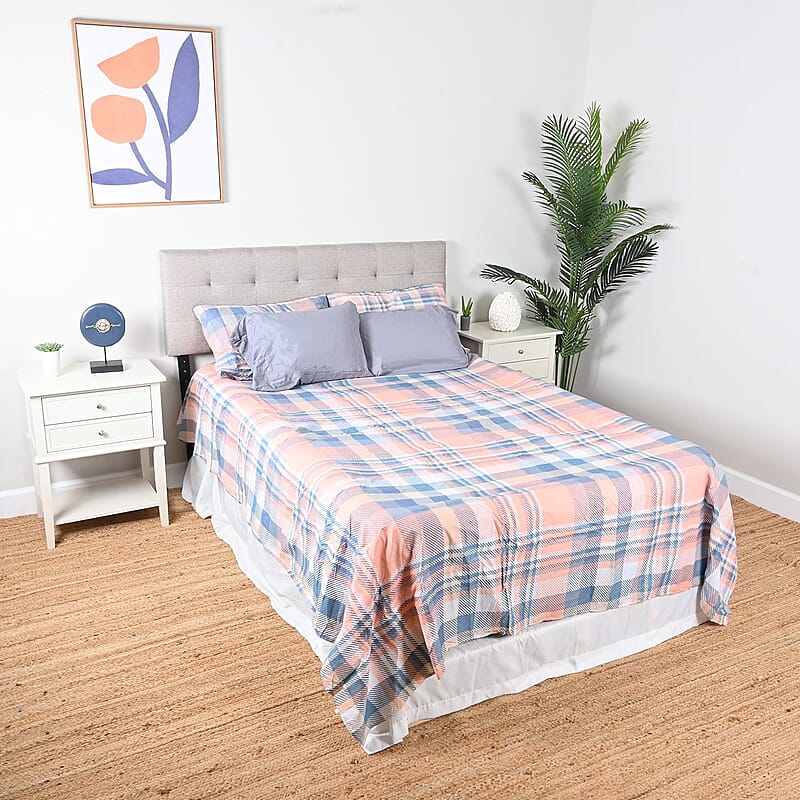 Closeout Supreme Living 6pcs Gray, Pink & Blue Plaid Microfiber Sheet Set -Queen
