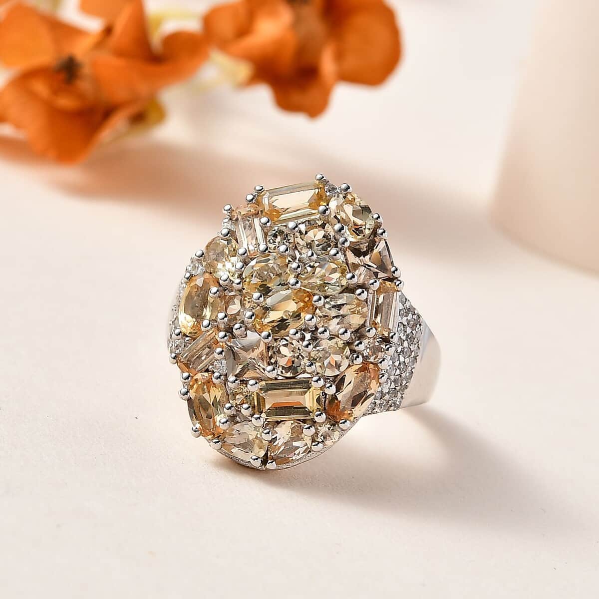 Premium Golden Imperial Topaz and White Zircon Ring in Platinum Over Sterling Silver (Size 6.0) 4.90 ctw image number 1