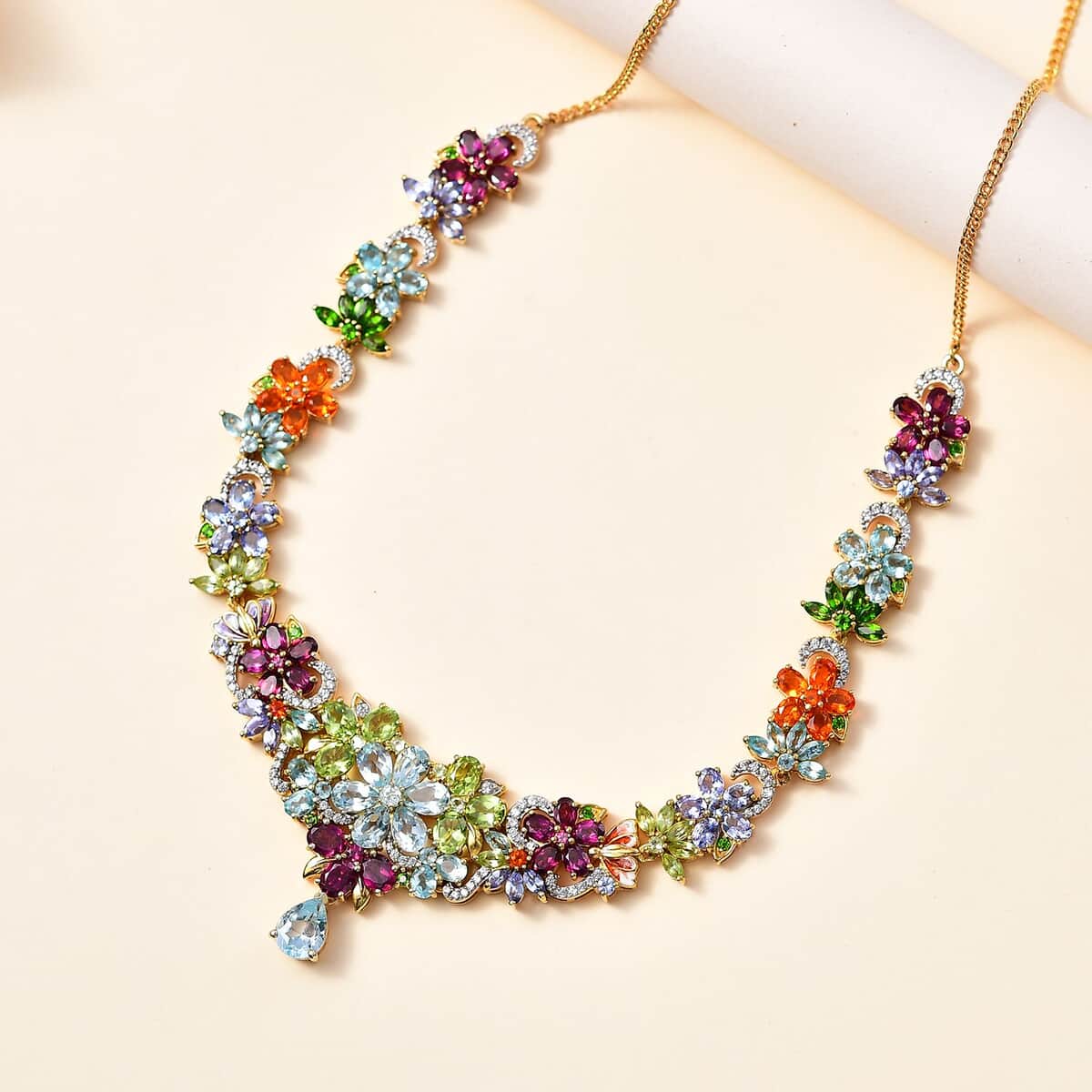 Multi Gemstone Floral Necklace 18-20 Inches in Vermeil Yellow Gold Over Sterling Silver 26.30 ctw image number 1