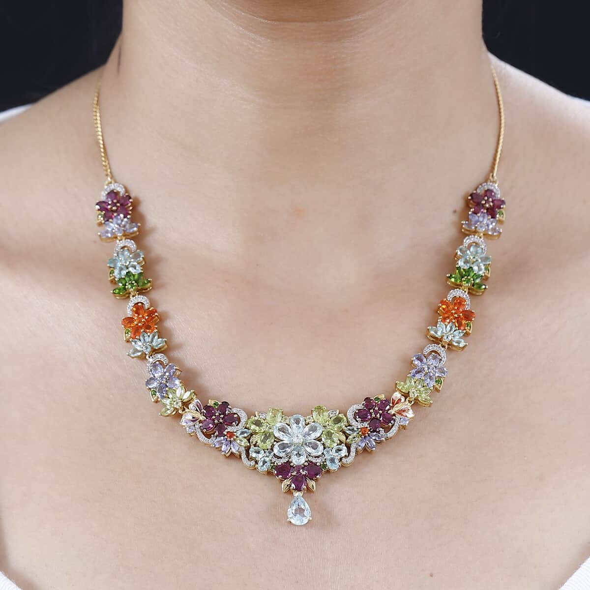 Multi Gemstone Floral Necklace 18-20 Inches in Vermeil Yellow Gold Over Sterling Silver 26.30 ctw image number 2
